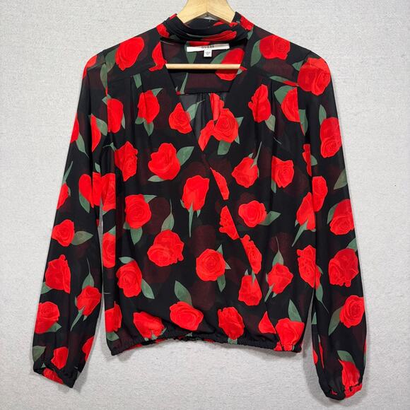 Guess Tops - Guess Red Rose Floral Print Maximalist Blouse XS Black Dark Statement Gothic